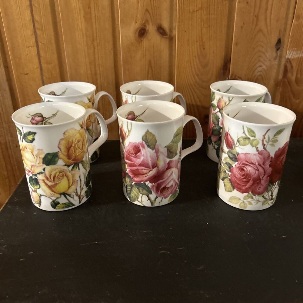 Vintage Roy Kirkham English Rose Mugs Set of 6 Fine Bone China England